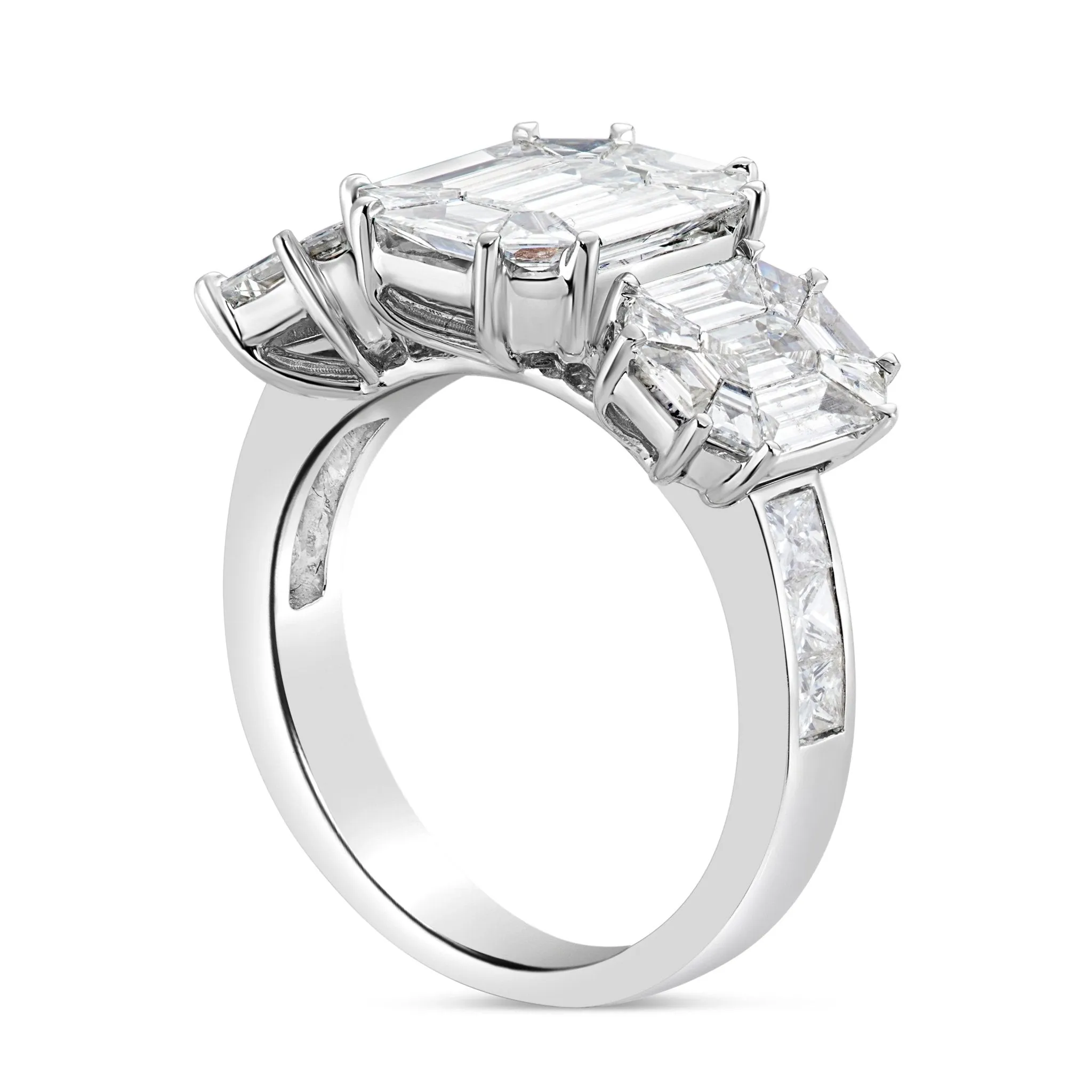 18K White Gold 2.55ctw Three Stone  Emerald Cut Diamond Engagement Ring