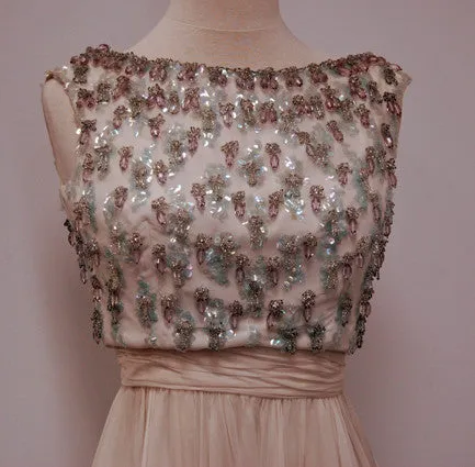 1960s Pearl Chiffon Pewter and Aqua Beaded Vintage Cocktail Party Dress