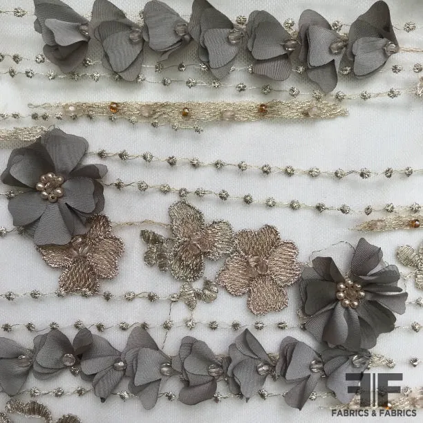 3D Floral Embroidered/Beaded Netting - Taupe/Grey