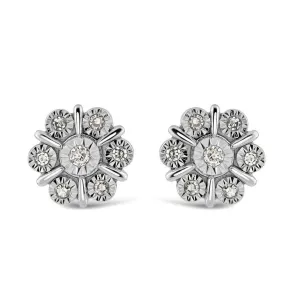 9ct White Gold Illusion Set Diamond Flower Cluster Stud Earrings