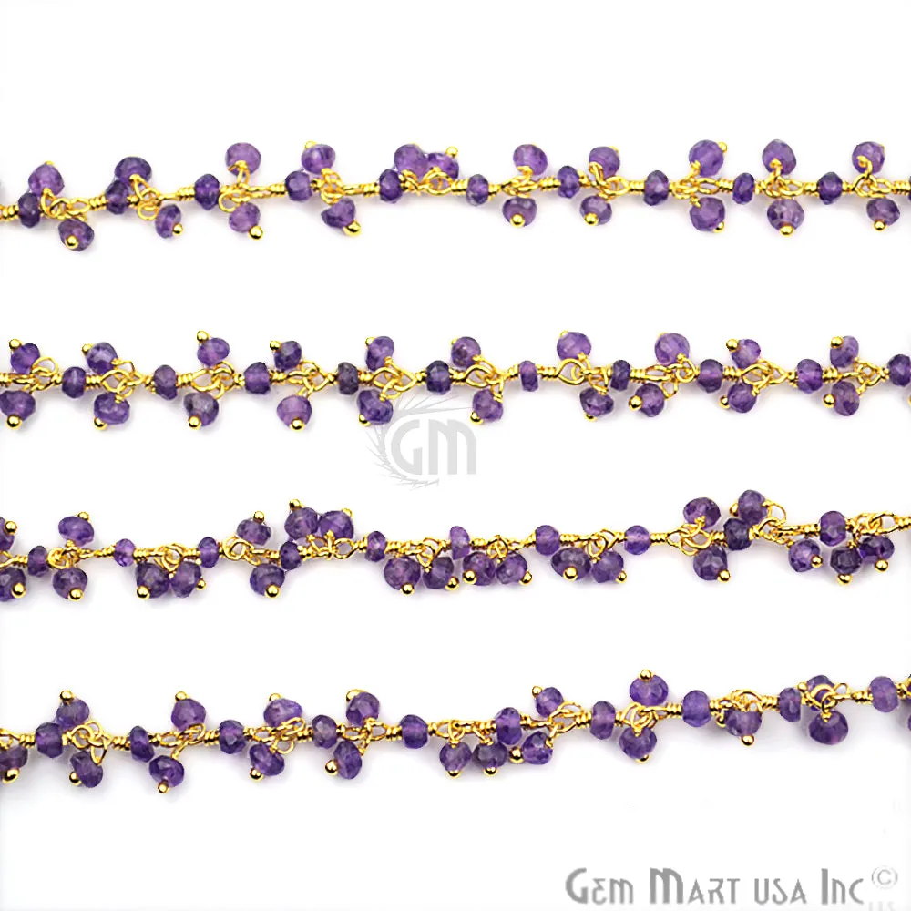 Amethyst Round Faceted Gold Plated Cluster Beads Wire Wrapped Rosary Chain