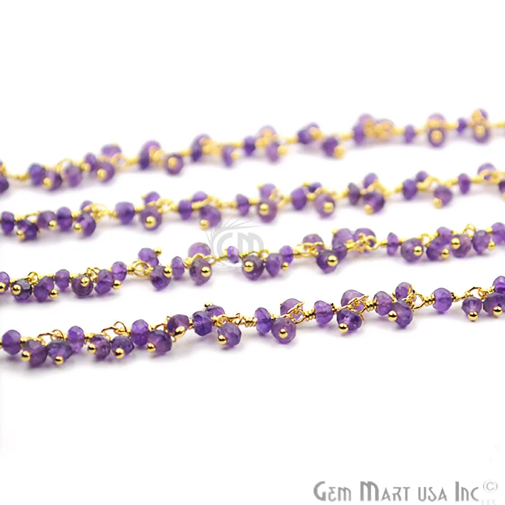 Amethyst Round Faceted Gold Plated Cluster Beads Wire Wrapped Rosary Chain