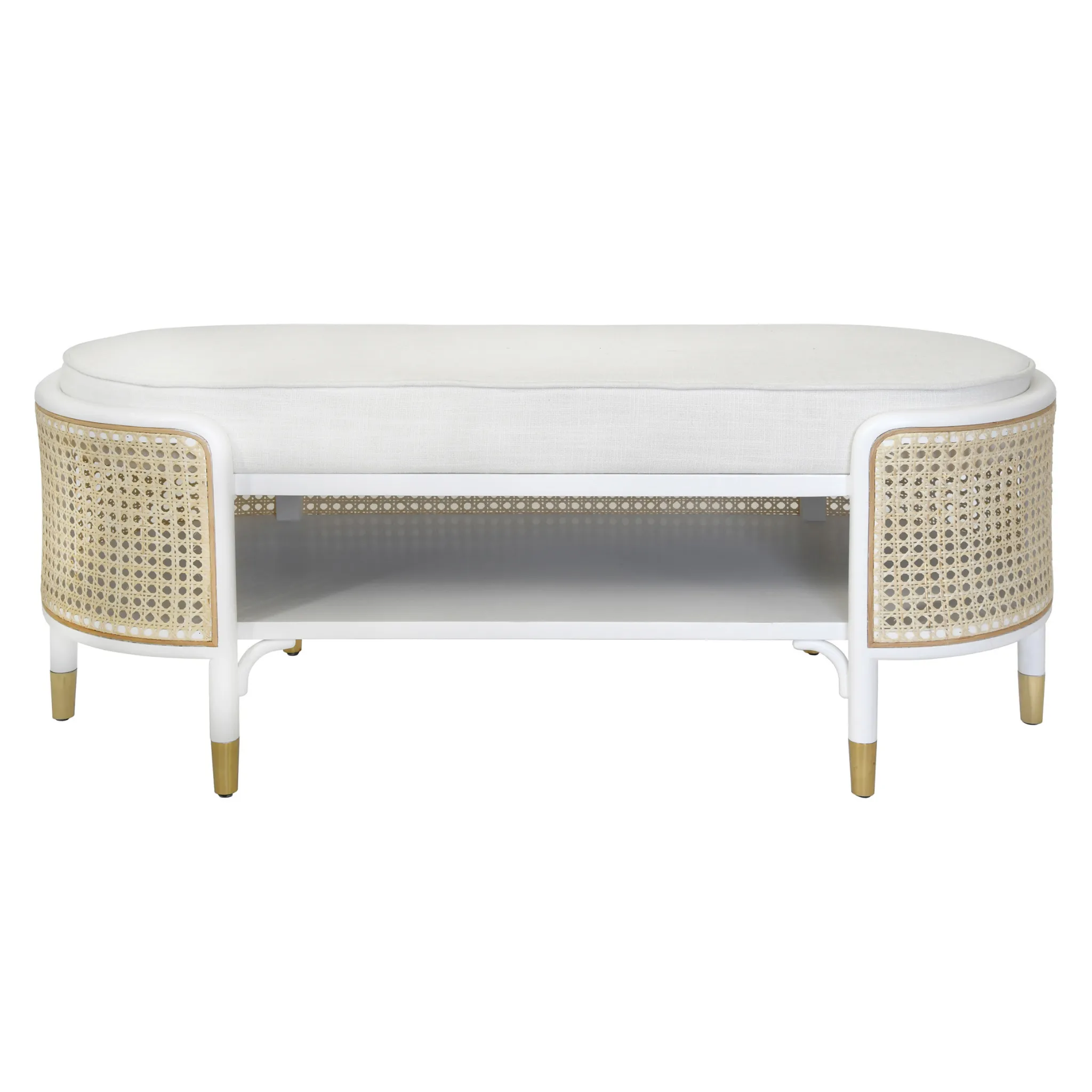 Beale Colonial Style White Bench With Cane Accents