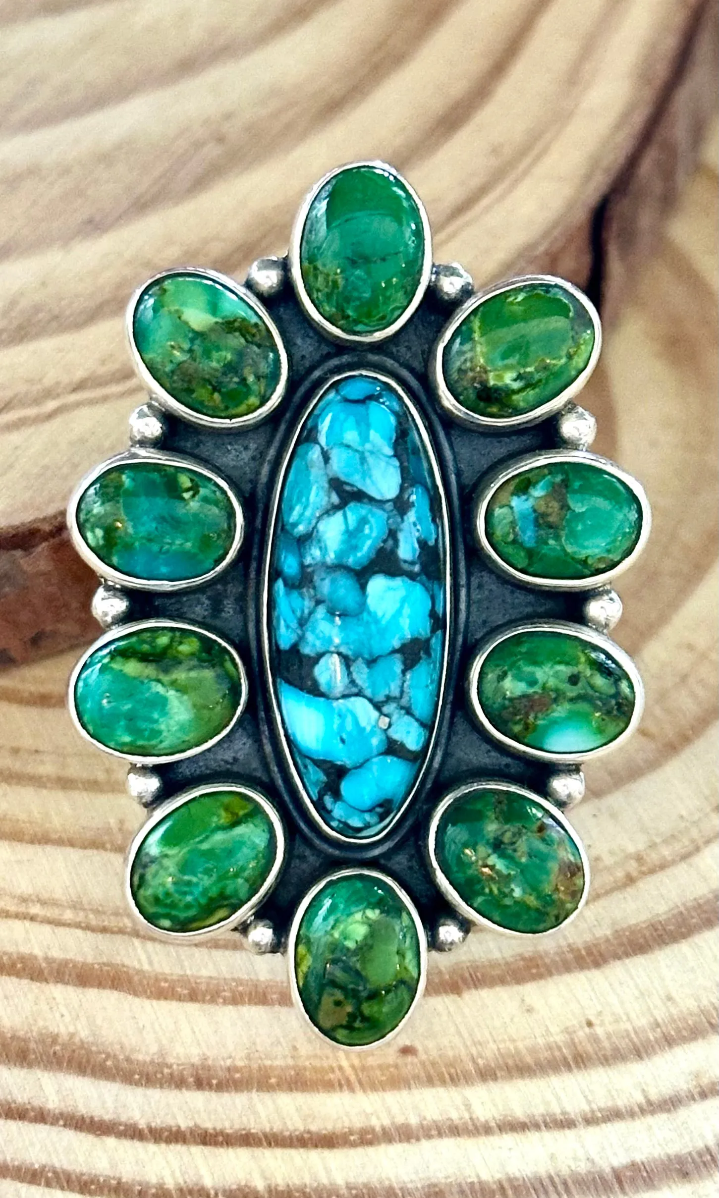 BLOOMING FLOWER Sterling Silver Blue & Green Turquoise Cluster Ring • Sizes 7 & 9 1/4