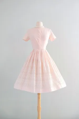 Darling 1960's Pale Pink Eyelet Cotton Day Dress / Sz S