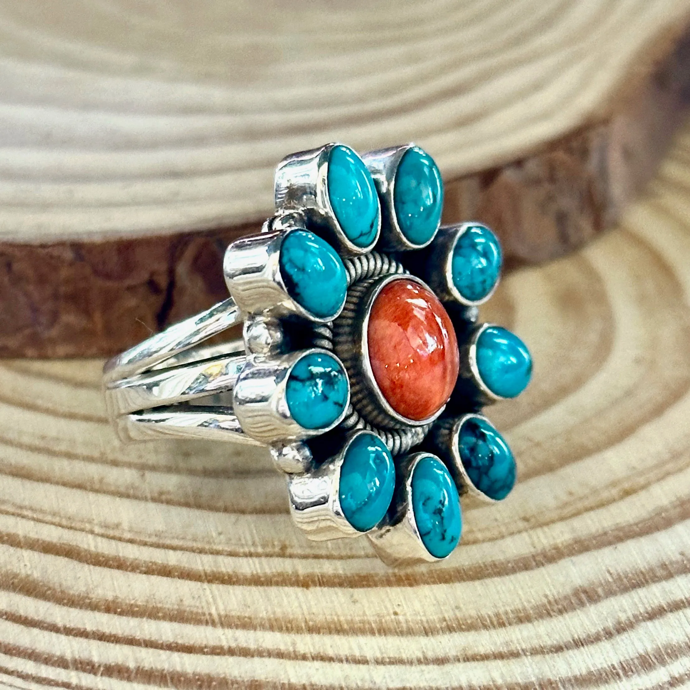 FLOWER POWER Navajo Spiny Oyster & Kingman Turquoise Sterling Silver Ring • Size 7