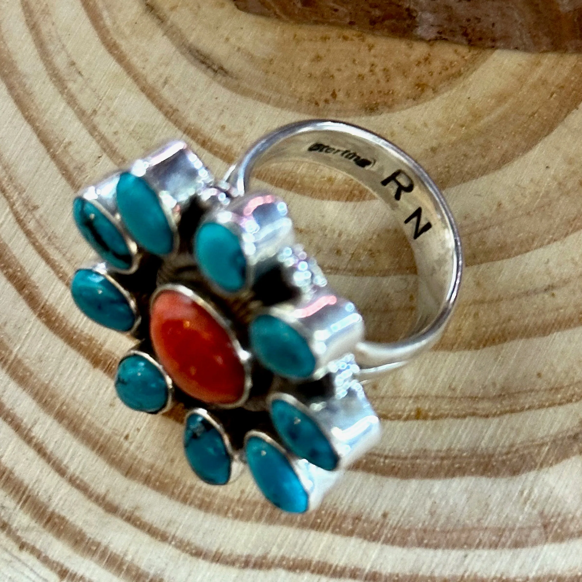 FLOWER POWER Navajo Spiny Oyster & Kingman Turquoise Sterling Silver Ring • Size 7