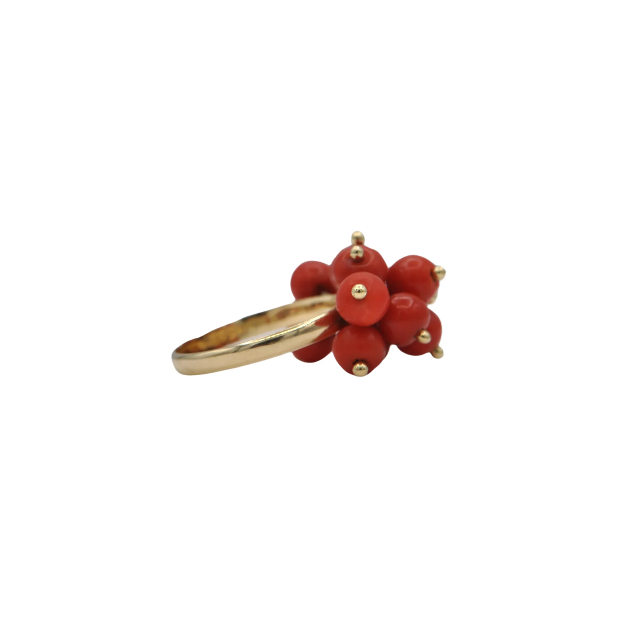 Mid-Century 18K Gold Coral Bead Cluster Ring