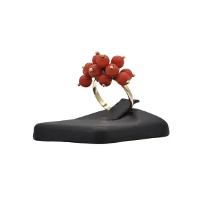 Mid-Century 18K Gold Coral Bead Cluster Ring