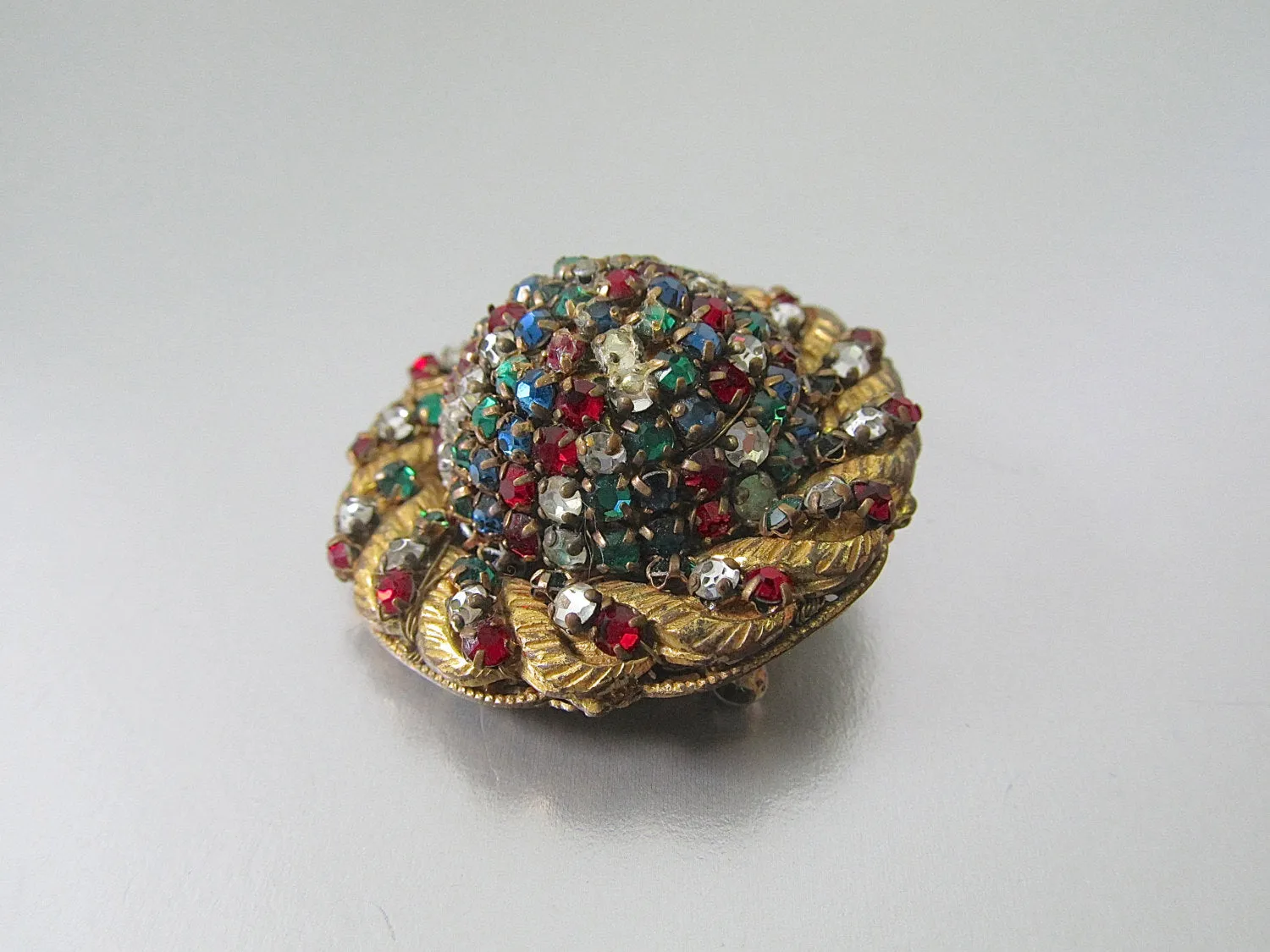 MIRIAM HASKELL Vintage 50s Brooch | 1950s Gold Tone Rhinestones Cluster Pin | Red, Green, Clear Stones | Designer Signed Jewelry, Handmade