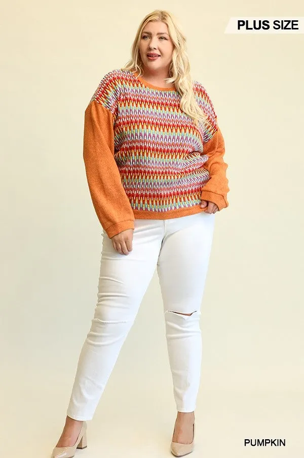 Novelty Knit And Solid Knit Mixed Loose Top With Drop Down Shoulder