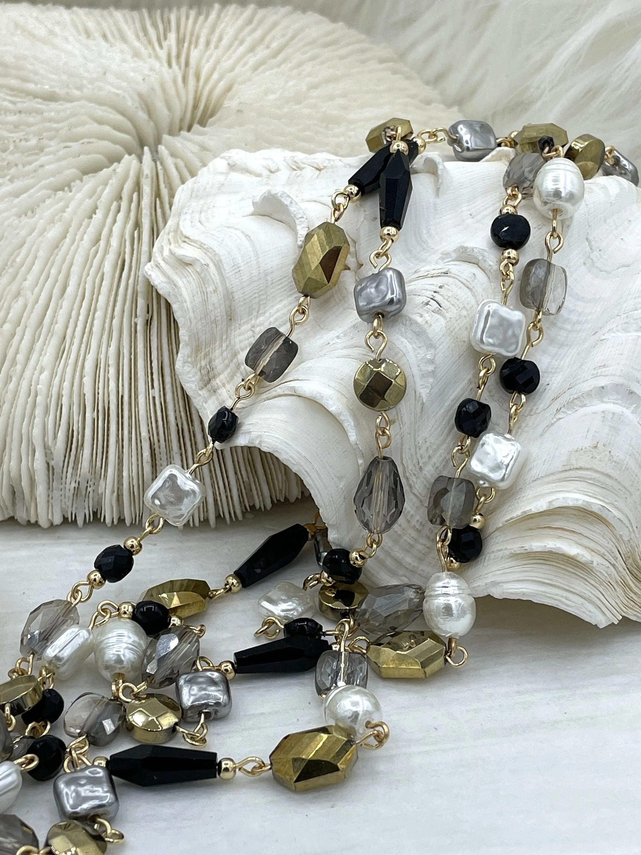 Vintage Glass Pearl & Crystal Mixed Rosary Chain,  Grey and White Glass Pearls, Glass Beads, Gold, Bronze, or Gunmetal Wire, BBA Original