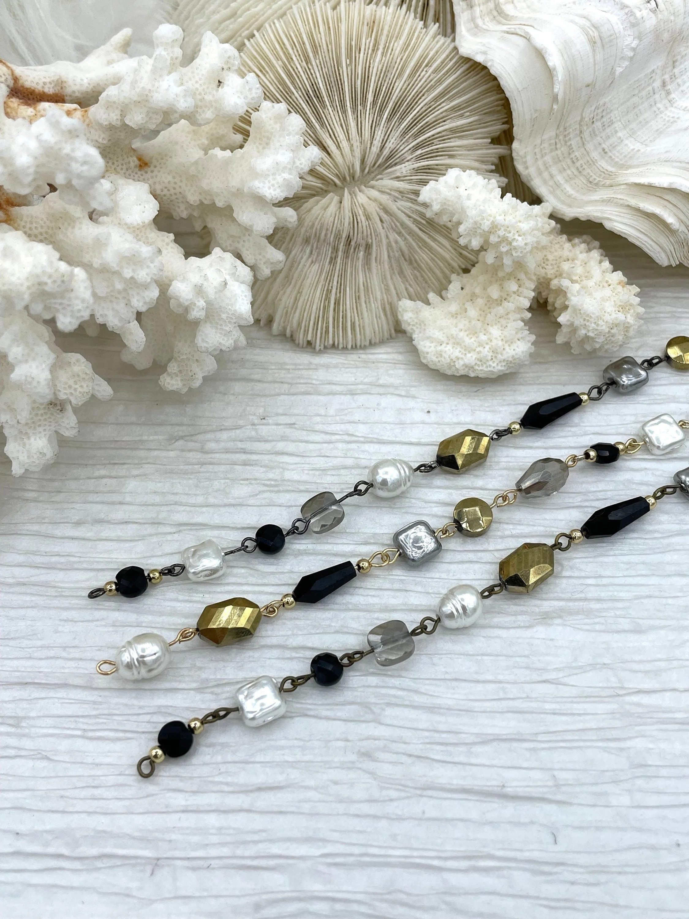 Vintage Glass Pearl & Crystal Mixed Rosary Chain,  Grey and White Glass Pearls, Glass Beads, Gold, Bronze, or Gunmetal Wire, BBA Original