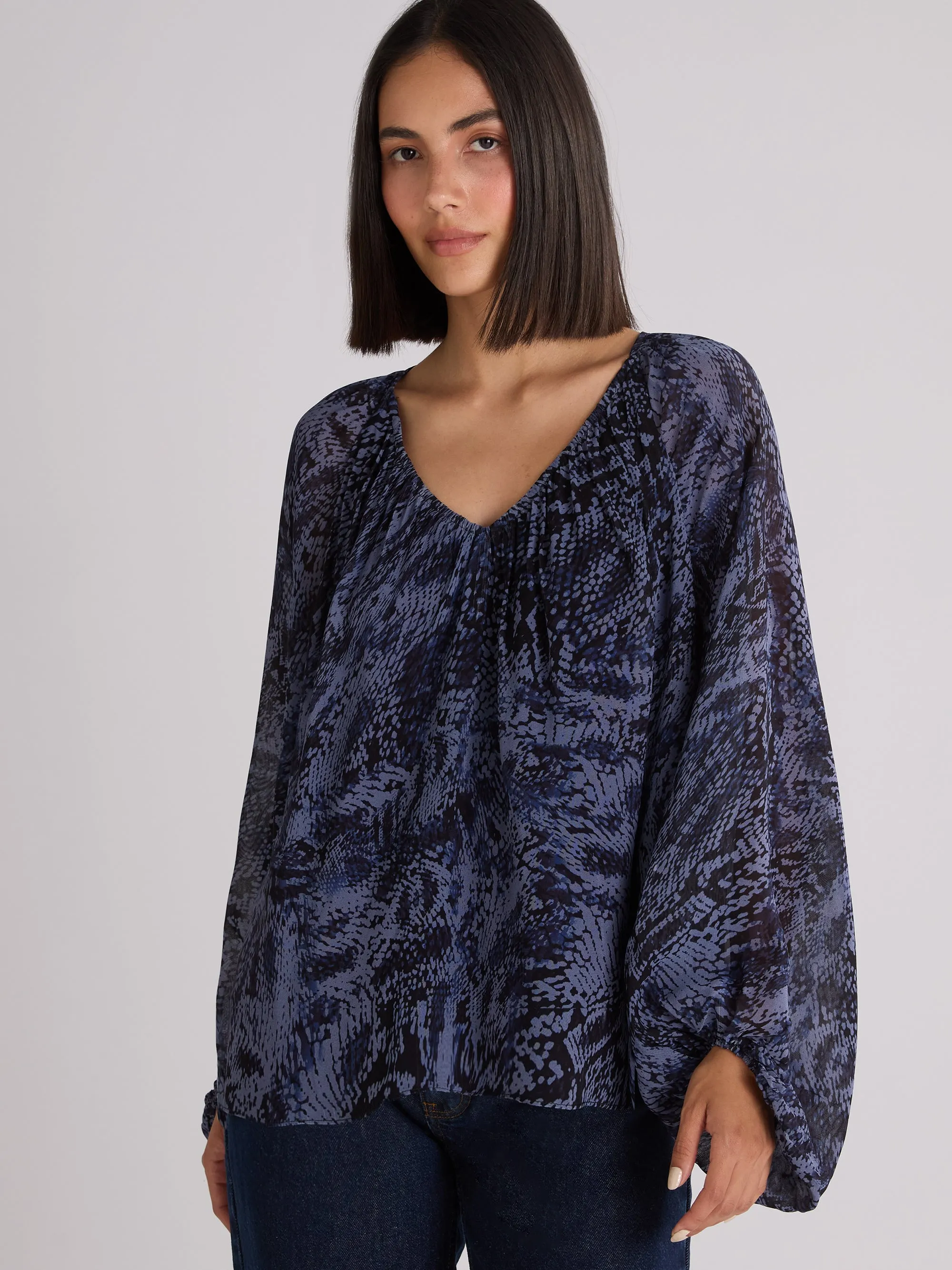 Voluminous Navy Animal Blouson Sleeve Blouse