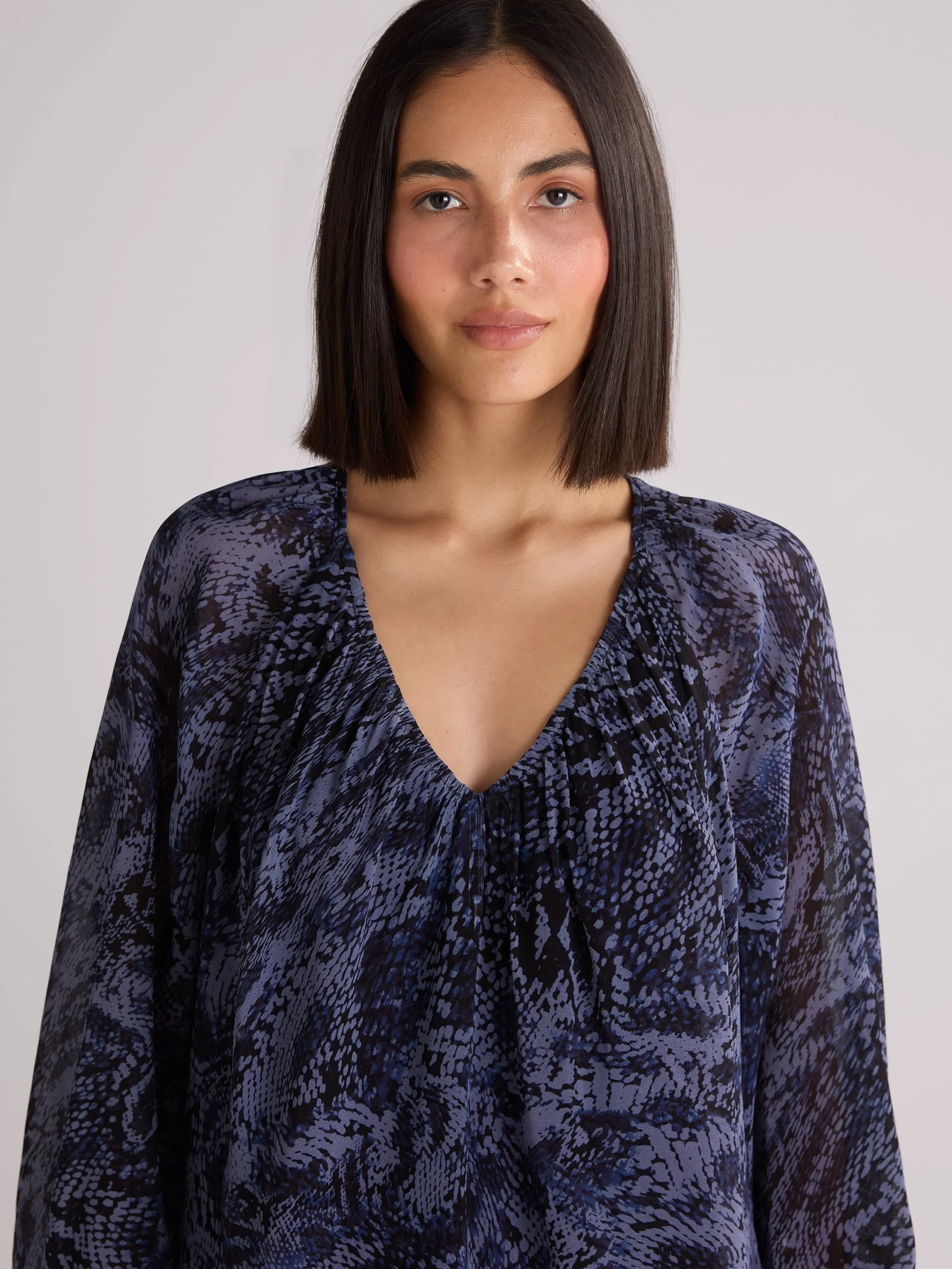 Voluminous Navy Animal Blouson Sleeve Blouse