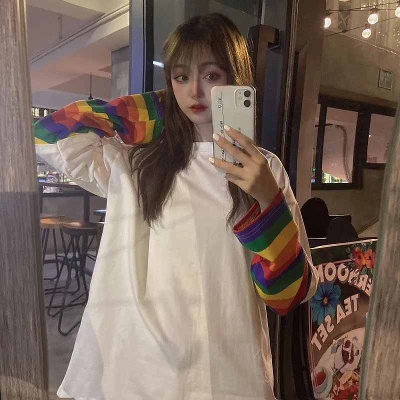 Women's Cute False Two Pieces Rainbow Stripes Shirts