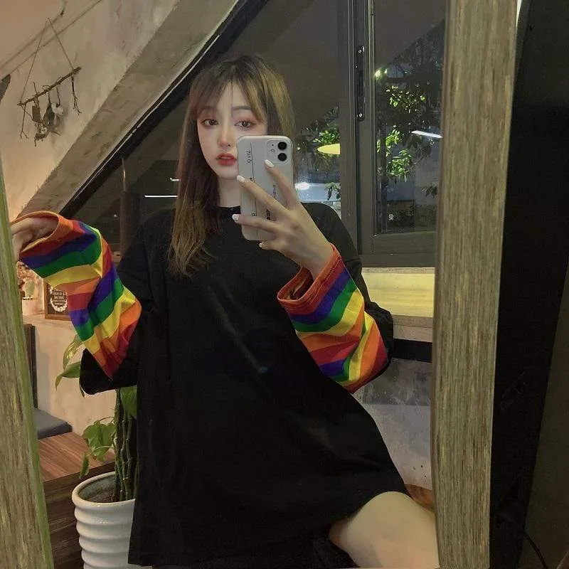 Women's Cute False Two Pieces Rainbow Stripes Shirts